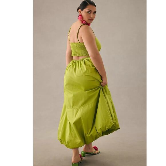 New By Anthropologie V-Neck Tiered Bubble-Hem Midi Dress $170 LARGE Green - Picture 6 of 8